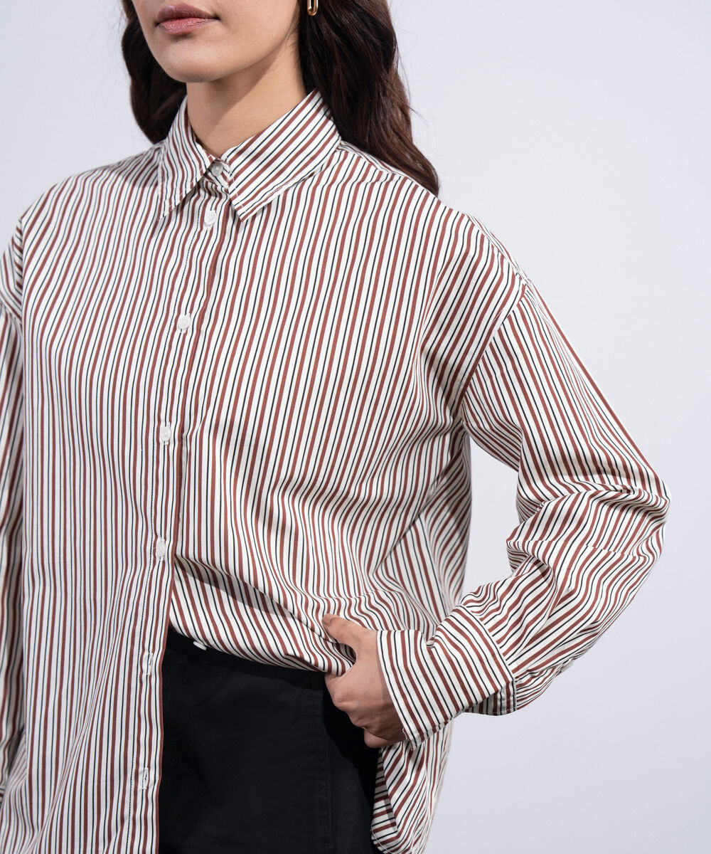 Women's Western Brown And White Standard-Fit Poplin Shirt