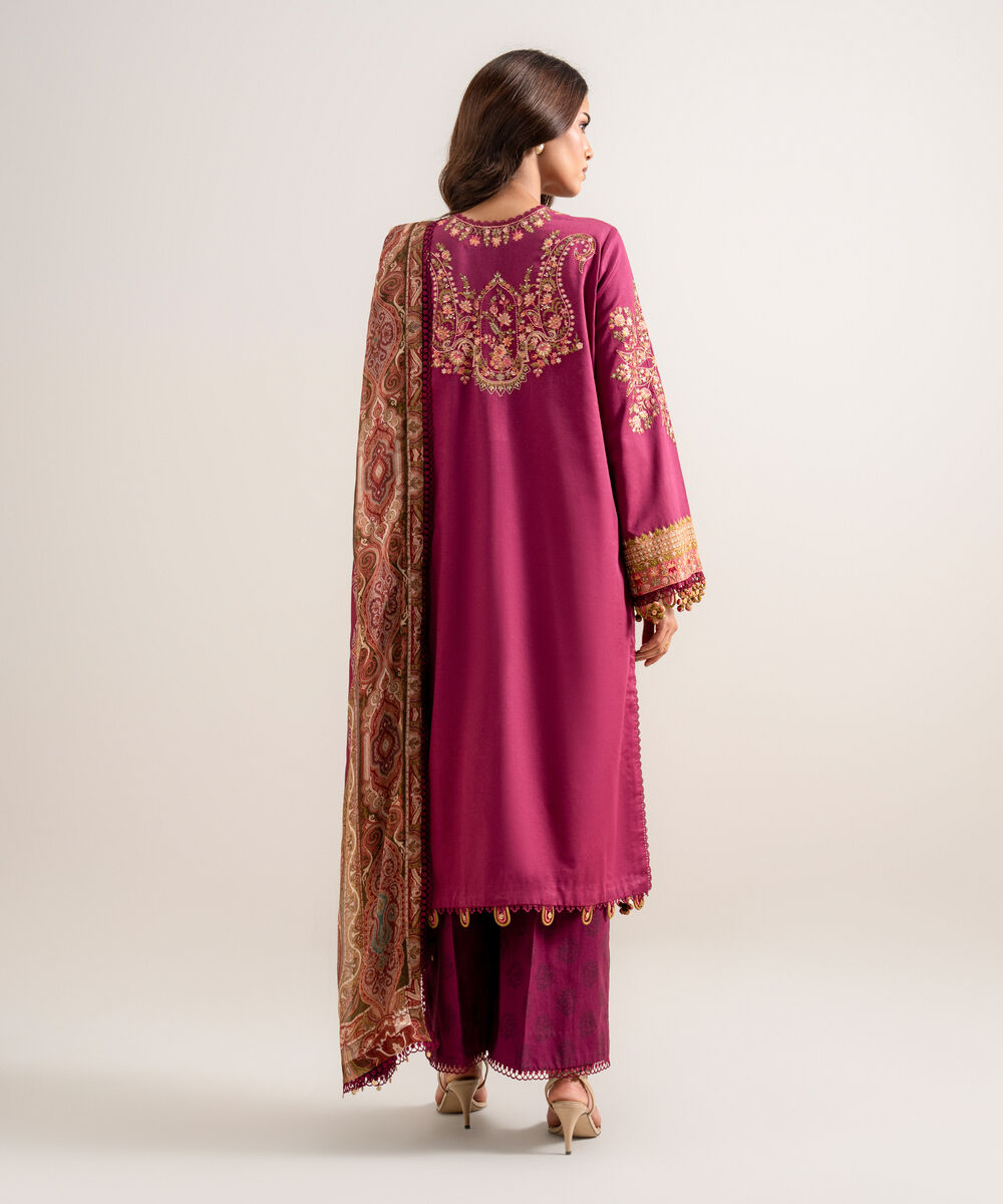 Women's Unstitched Embroidered Fine Cotton Satin Light Purple 3 Piece Suit