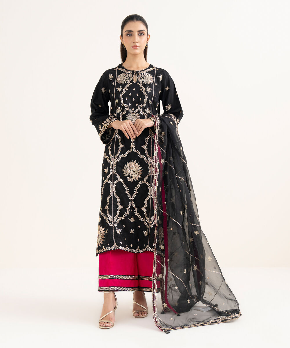 Blended Organza Embroidered Black Dupatta