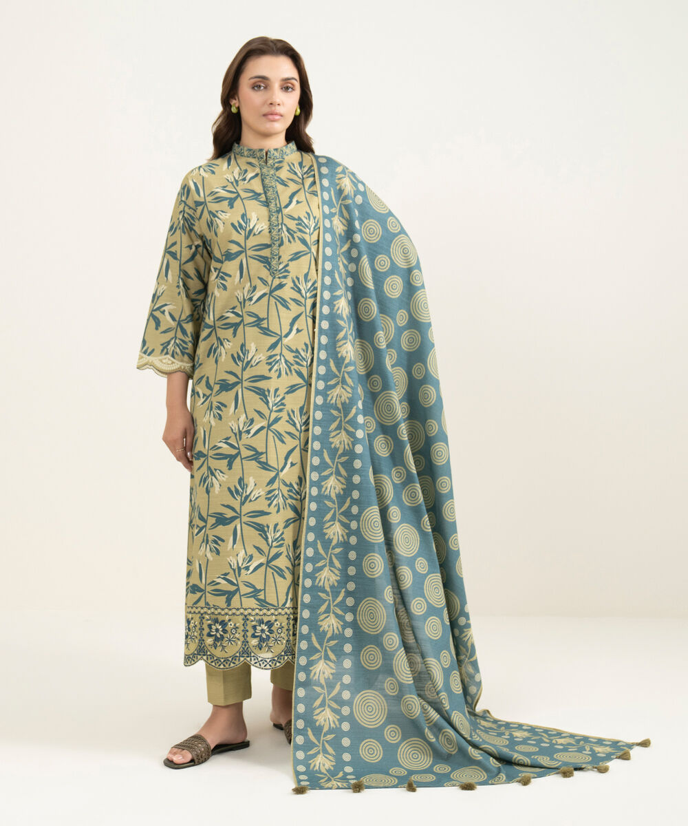 Women's Three Piece Beige and Blue Khaddar Embroidered Suit