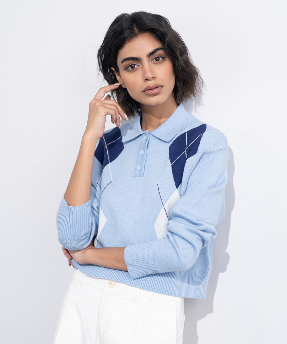 Women's Western Wear Light Blue Polo Sweater