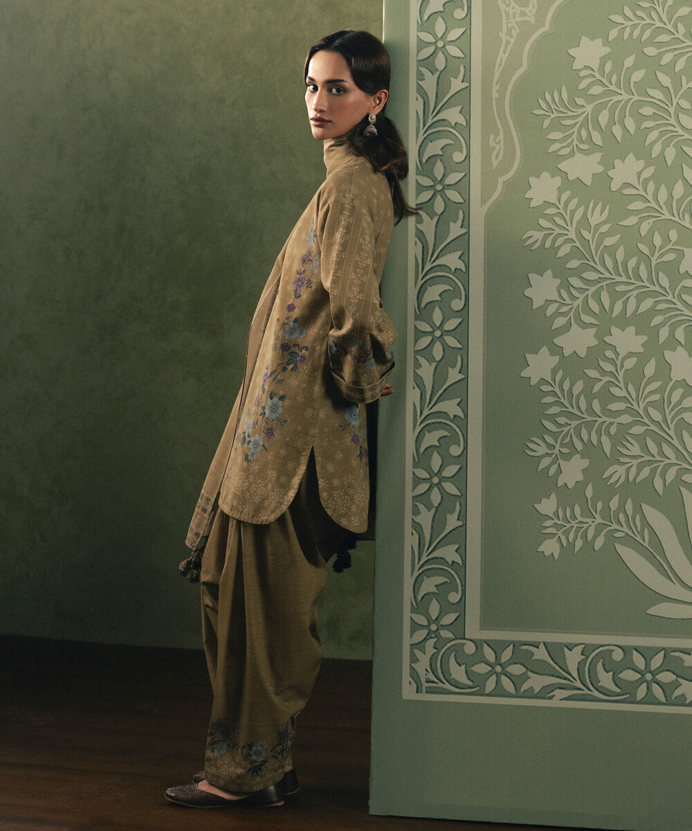 Women's Unstitched Cotton Printed Brown 3 Piece Suit