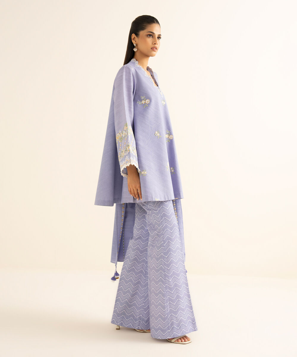 Women's Unstitched Textured Cotton Embroidered Blue 3 Piece Suit