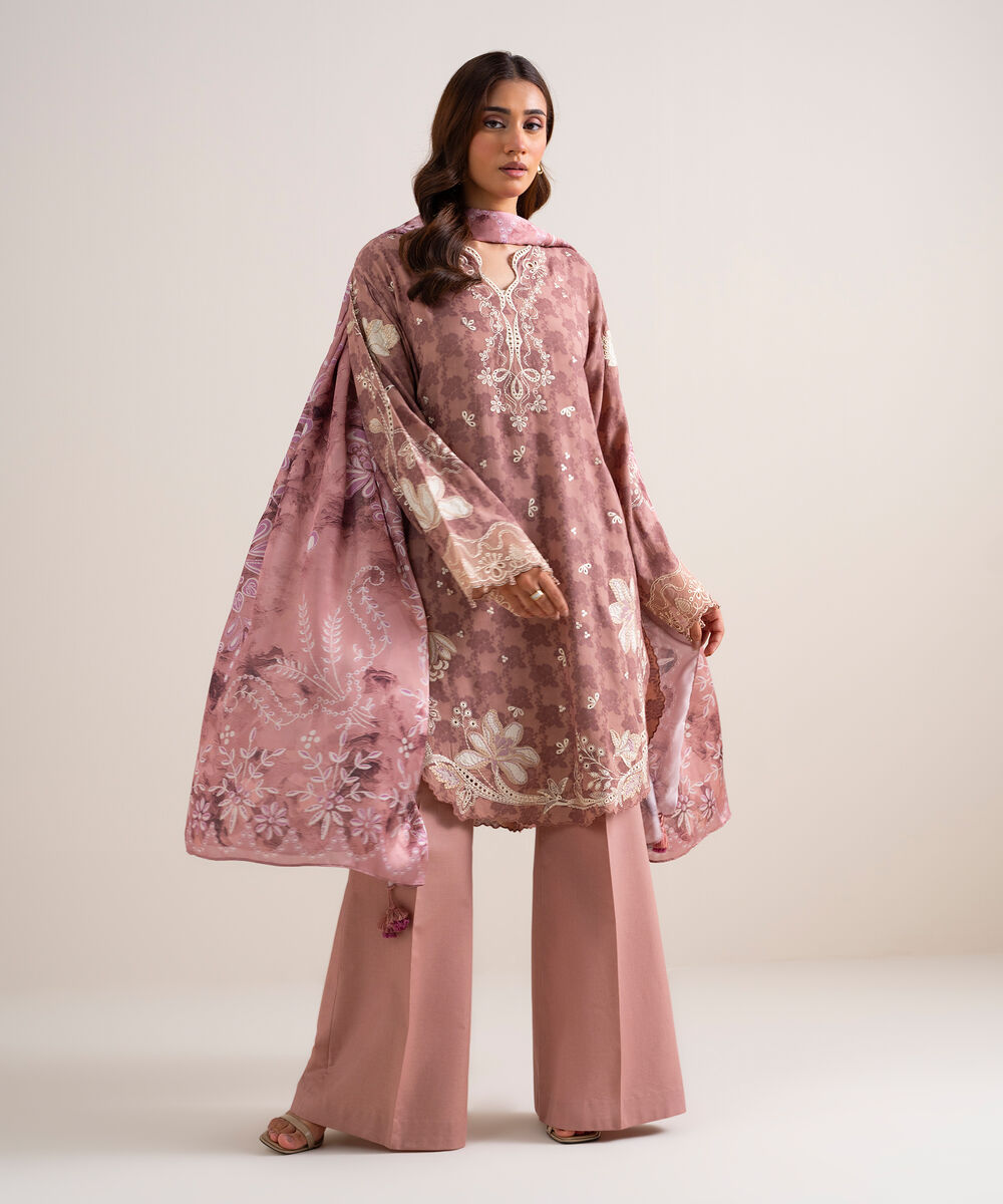 Women's Unstitched Embroidered Linen Jacquard Tea Pink 3 Piece Suit