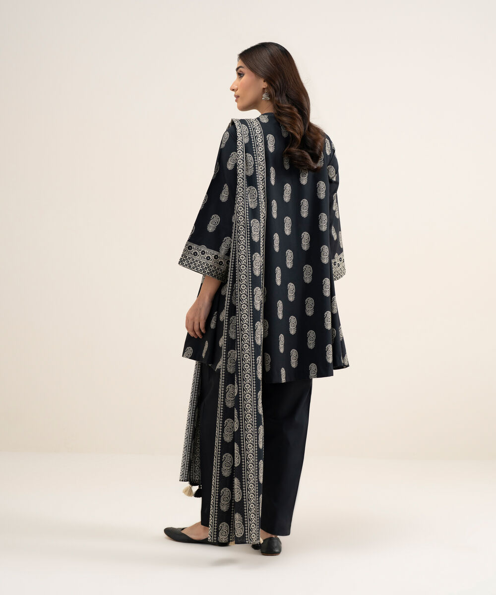 Women's Unstitched Lawn Printed Off White and Black 3 Piece Suit