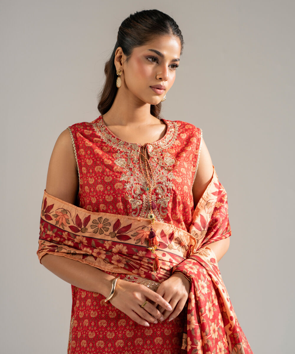 Women's RTW Dobby Embroidered Rust 3 Piece Suit