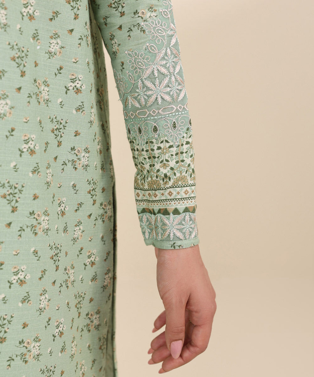 Women's Unstitched Khaddar Green Embroidered 3 Piece Suit