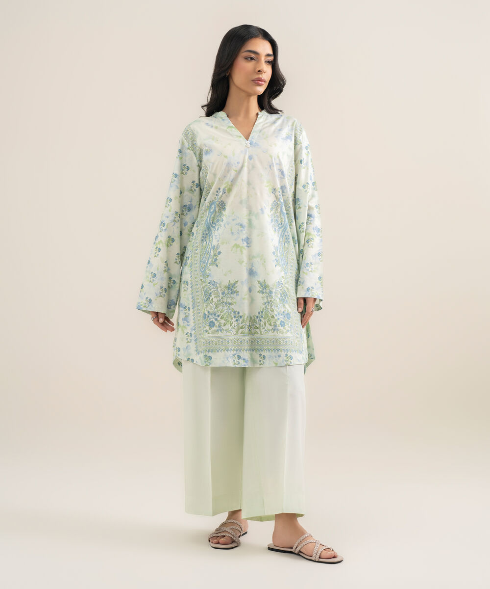 Women's RTW Cotton Viscose Printed Green Straight Shirt
