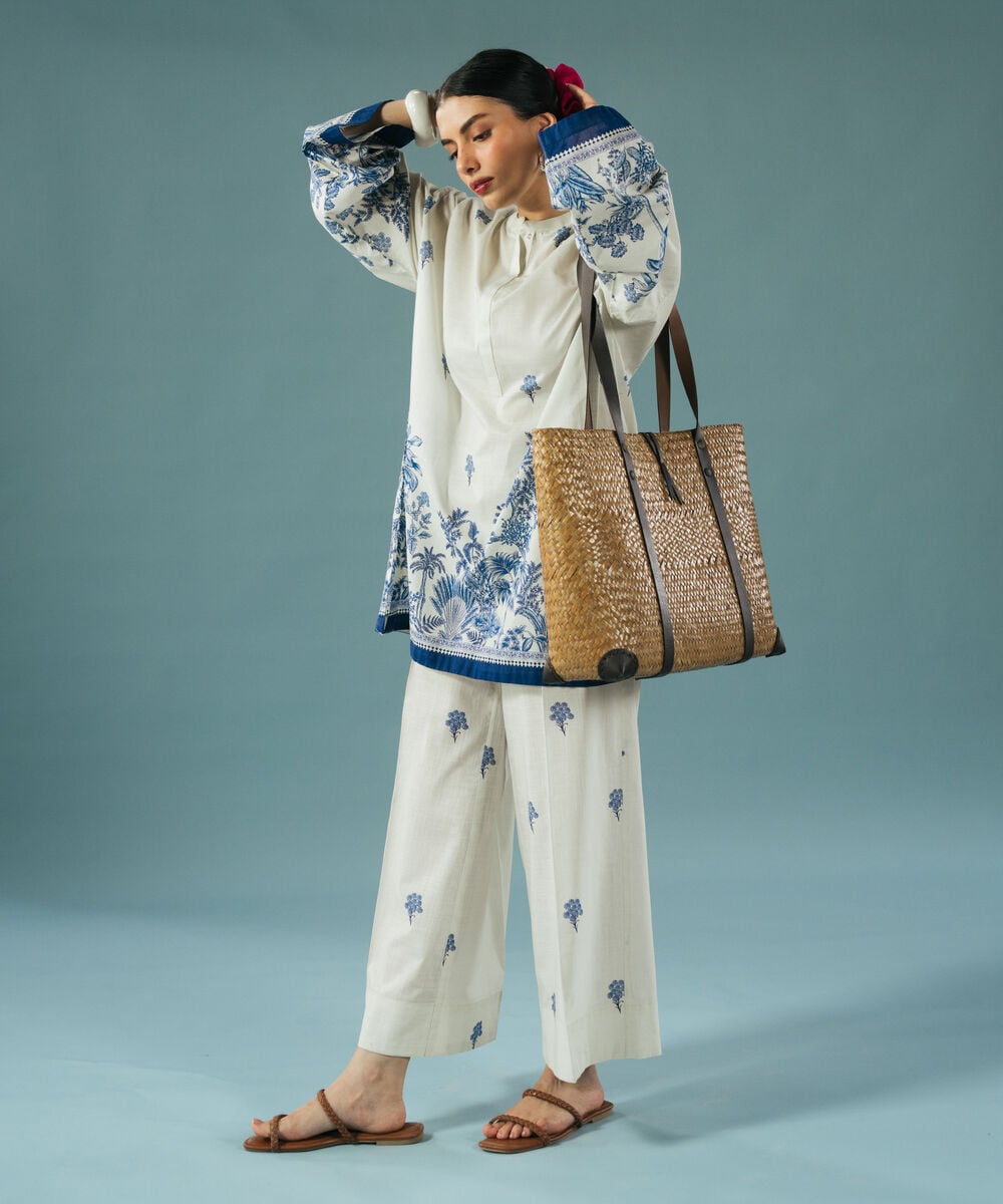 Women's RTW Slub Lawn Printed Off White Drop Shoulder Shirt