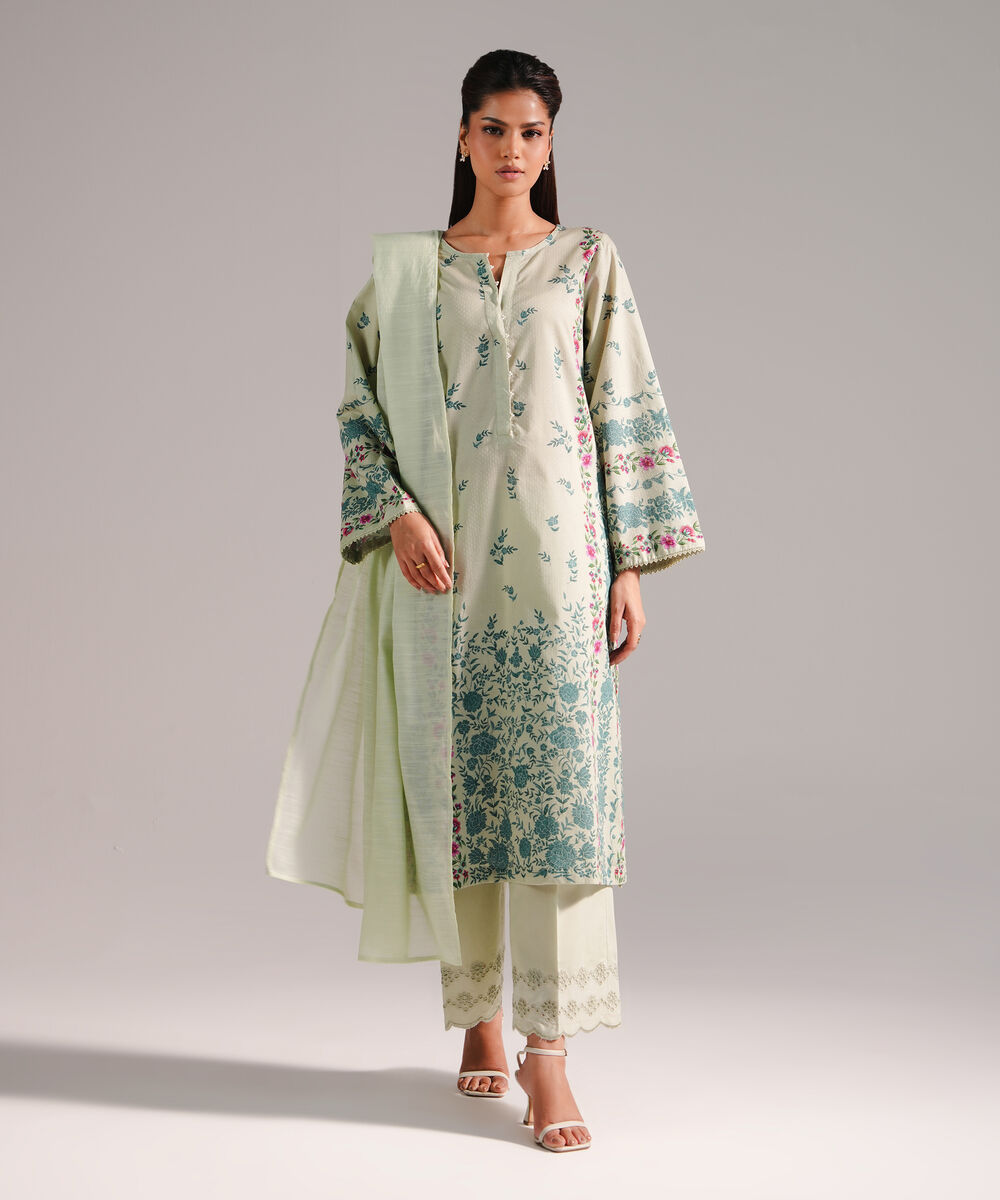 Women's RTW Dobby Printed Green 3 Piece Suit