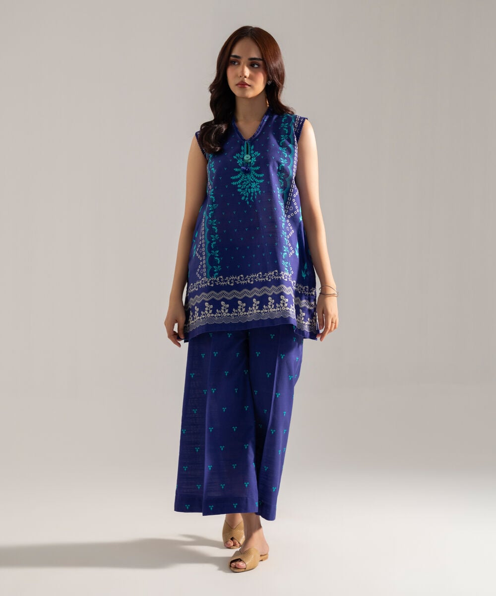 Women's RTW Printed Blue Khaddar Straight Shirt