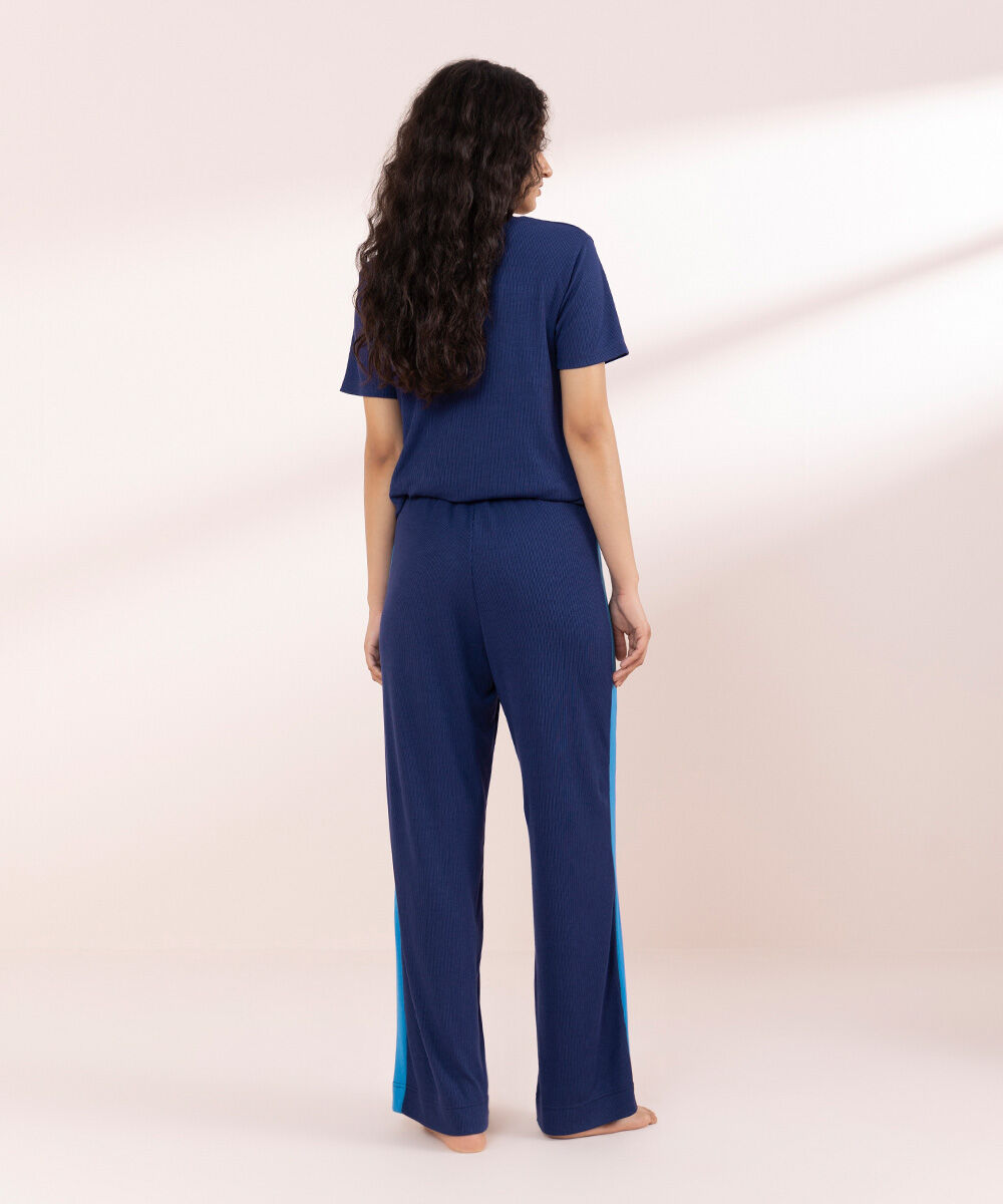 Womens Blue Sleepwear Pull On Soft Rib Trouser With Side Panels