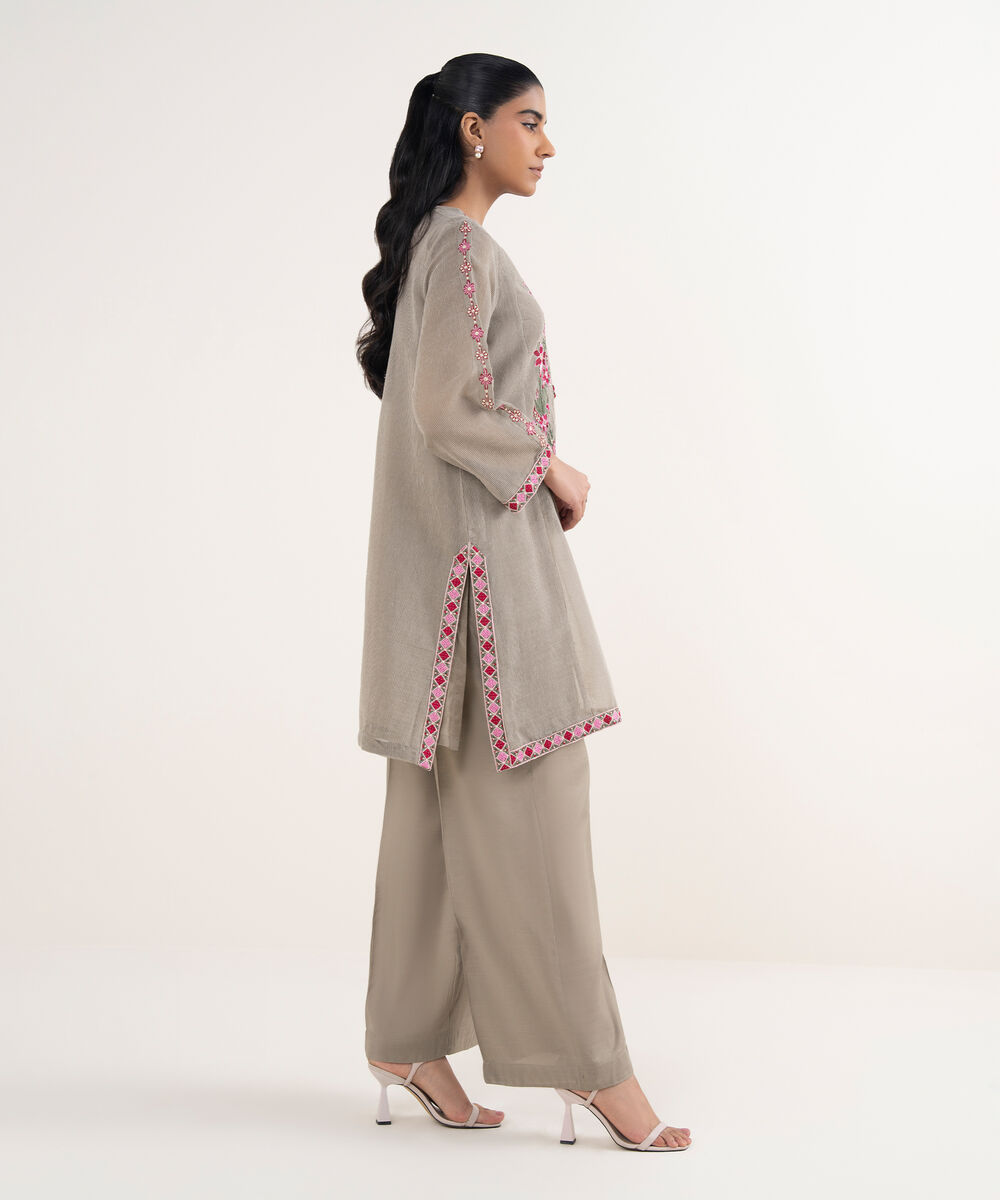 Women's RTW Blended Textured Karandi Embroidered Straight Grey Shirt