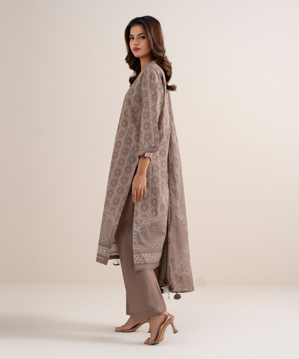 Women's Unstitched Lawn Printed Beige 3 Piece Suit