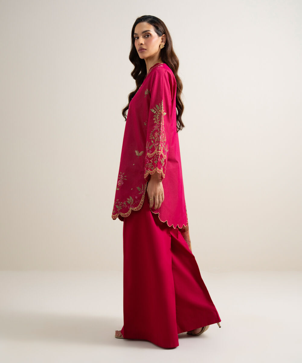Women's Unstitched Zari Lawn Embroidered Red 3 Piece Suit