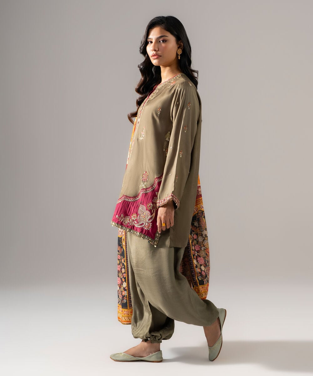 Women's RTW Bright Raw Silk Embroidered Green 3 Piece Suit