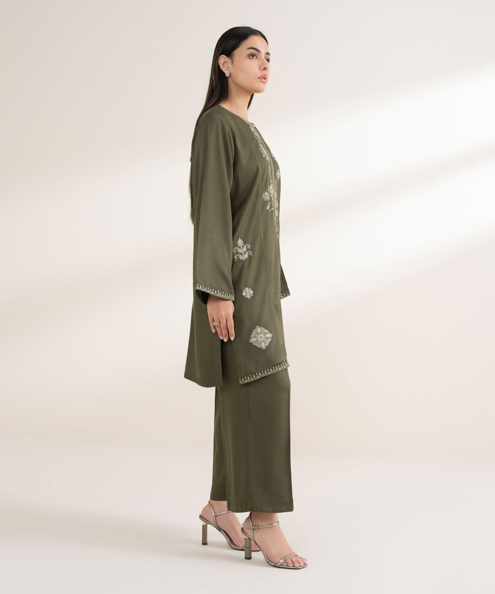 Women's RTW Bedford Embroidered Straight Olive Green Shirt