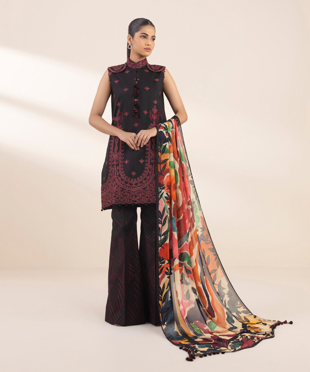 Women's Unstitched Black Cotton 3 Piece Suit