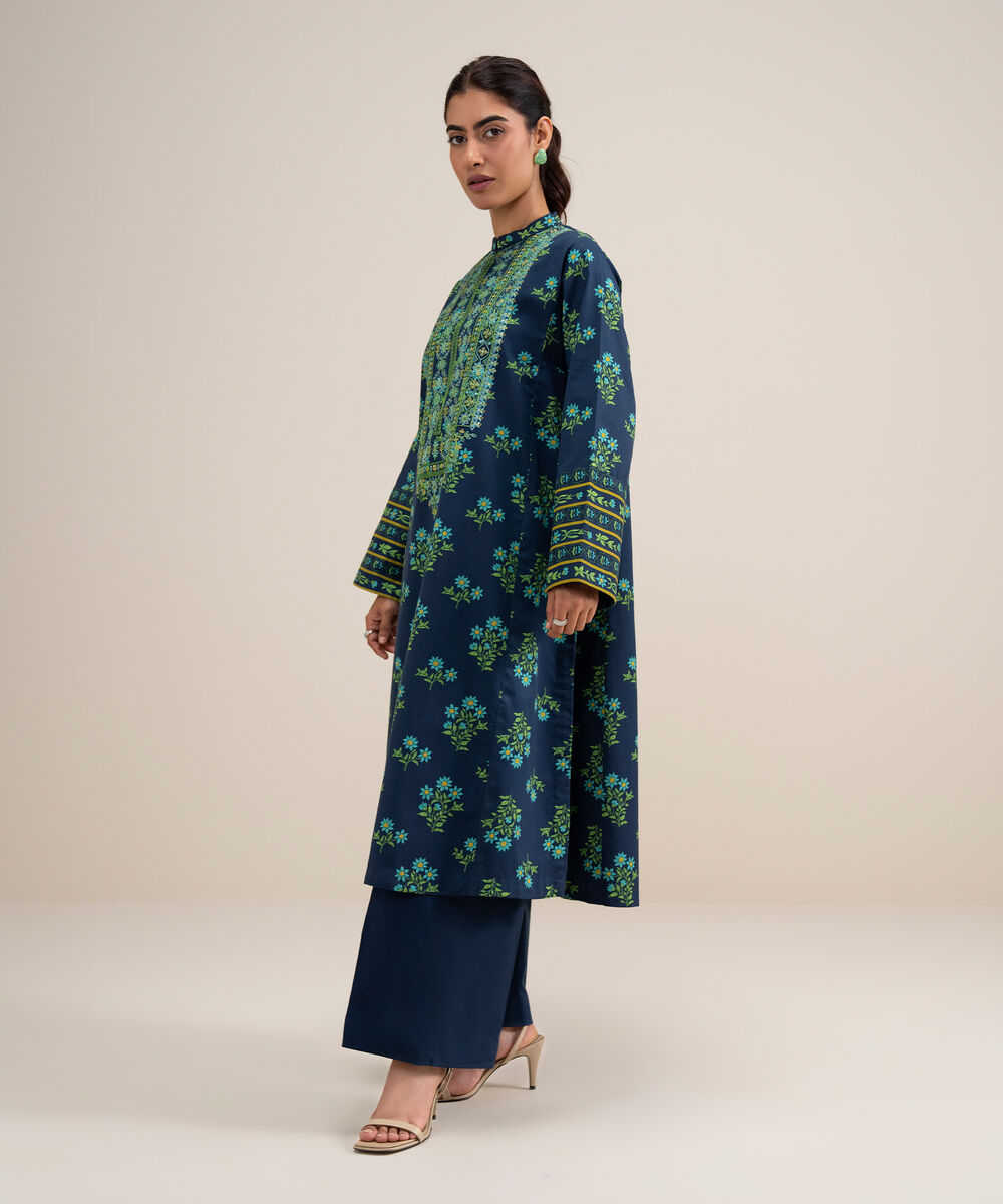 Women's Unstitched Lawn Embroidered Navy Blue 2 Piece Suit
