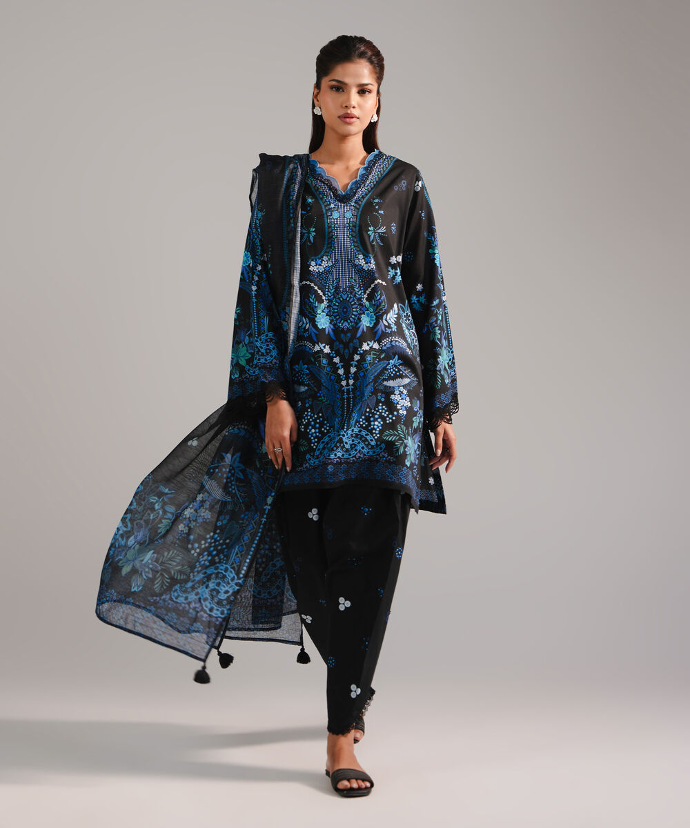 Women's RTW Lawn Printed Black 2 Piece Suit