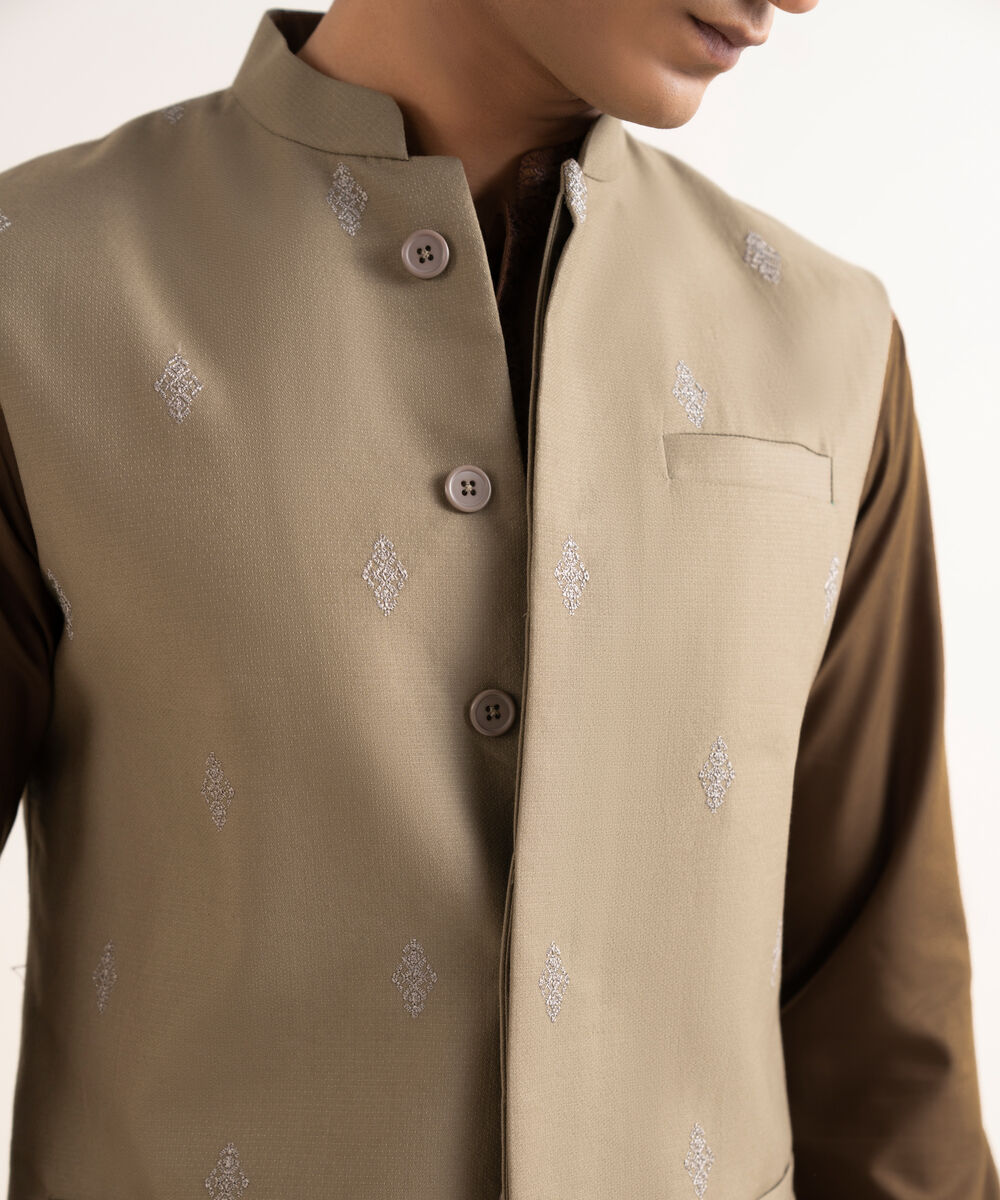 Men's Stitched Premium Cotton Beige Waistcoat