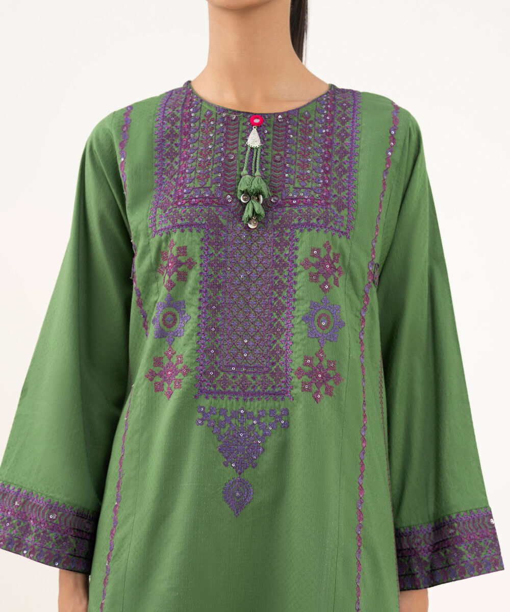 Women's RTW Textured Lawn Green Embroidered A-Line Shirt