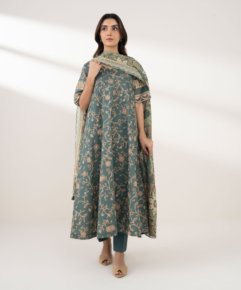 Women's Unstitched Lawn Printed Green 3 Piece Suit