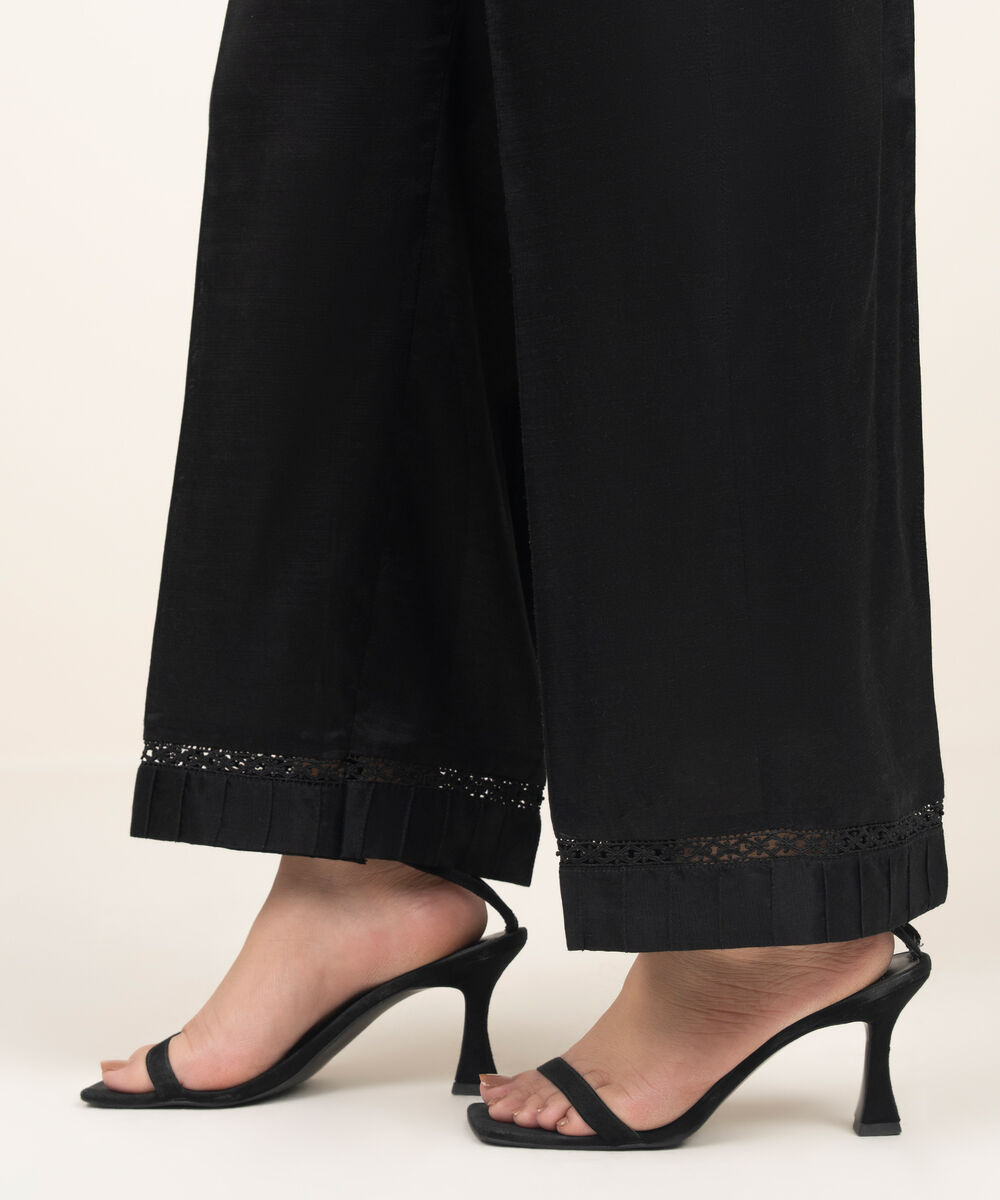 Women's RTW Viscose Raw Silk Solid Black Culottes