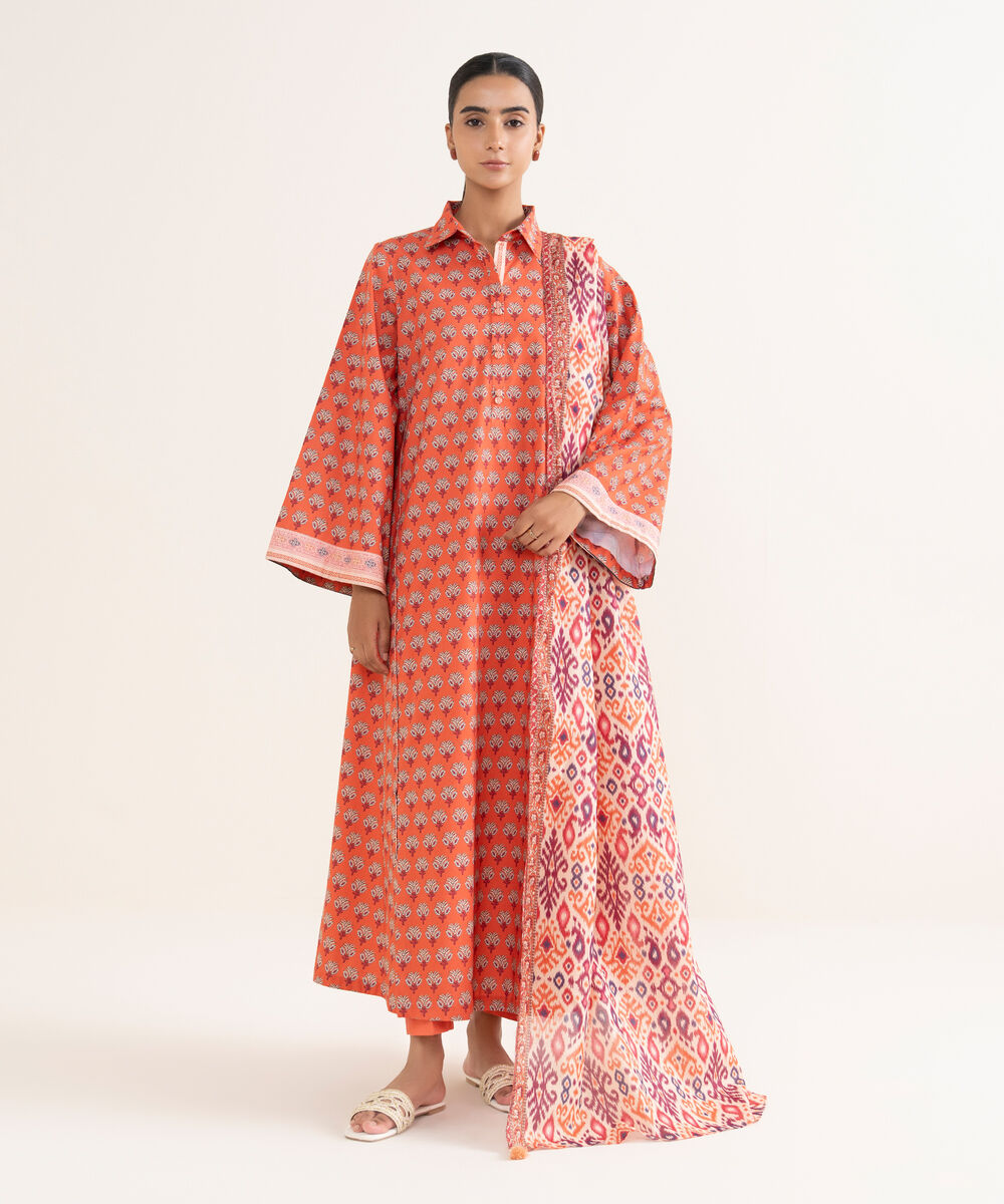 Women's Unstitched Cotton Printed Orange 3 Piece Suit
