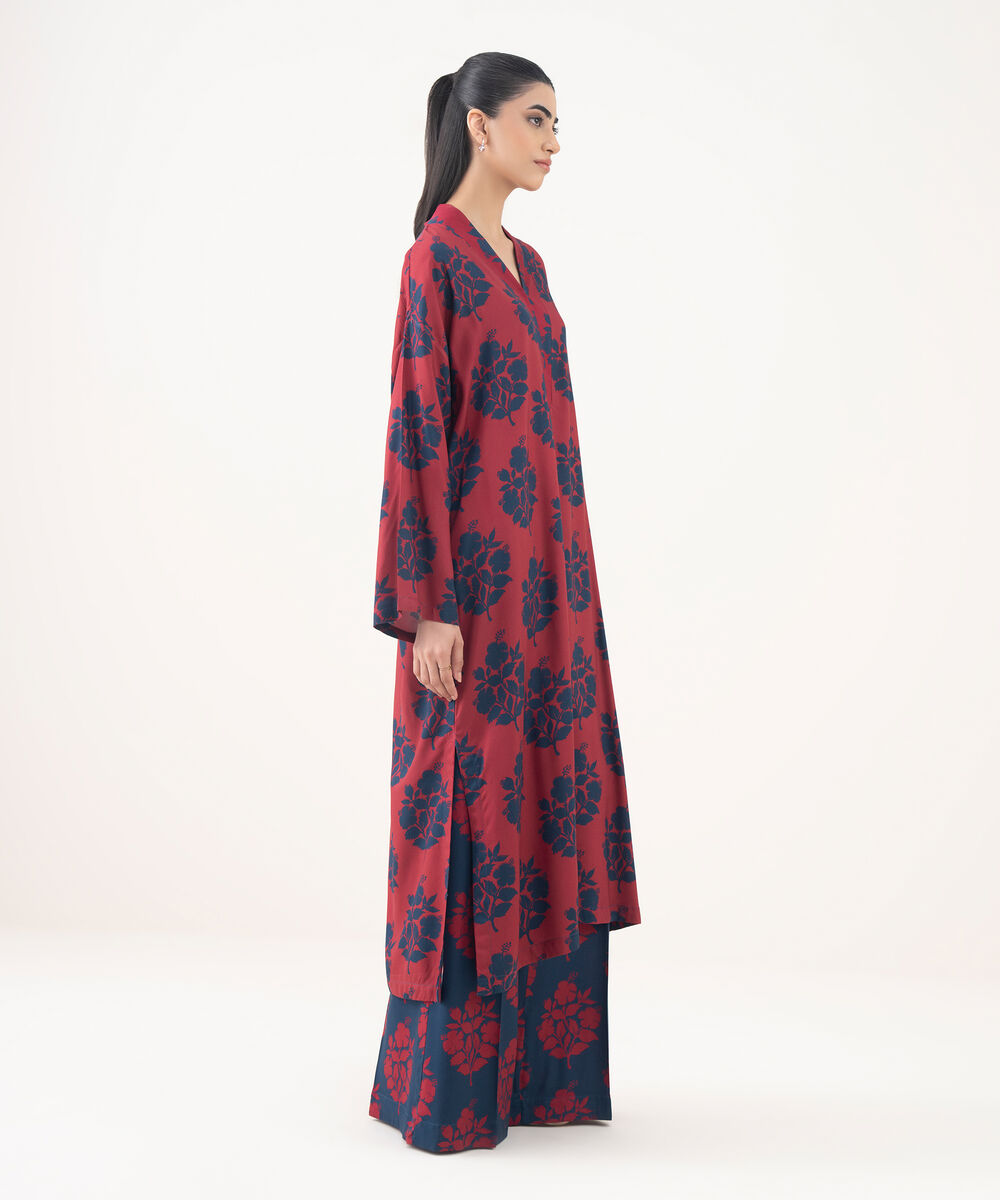 Women's RTW Viscose Linen Red Printed Drop Shoulder Shirt