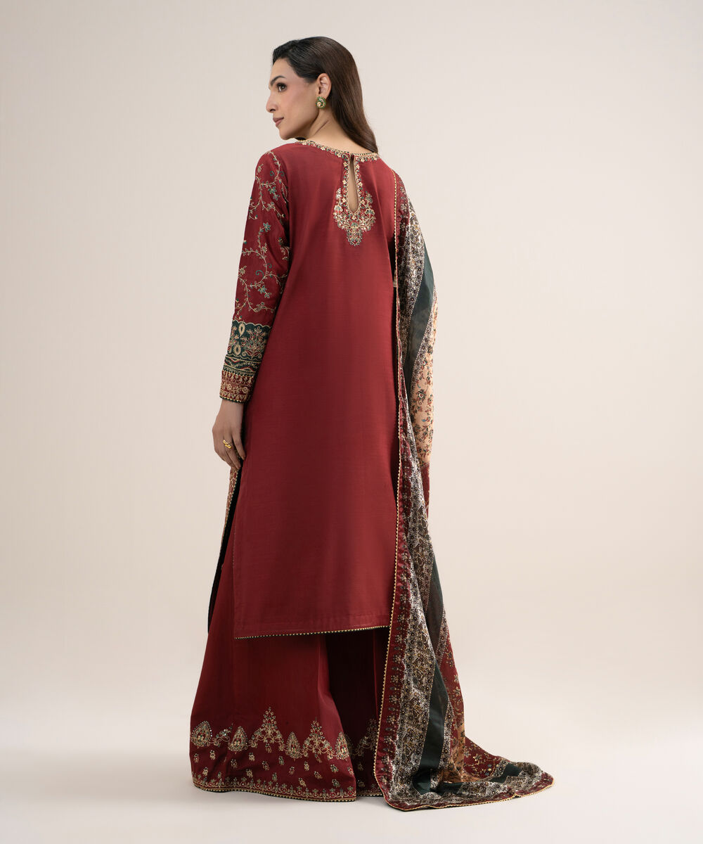 Women's Unstitched Embroidered Blended Raw Silk Red 3 Piece Suit