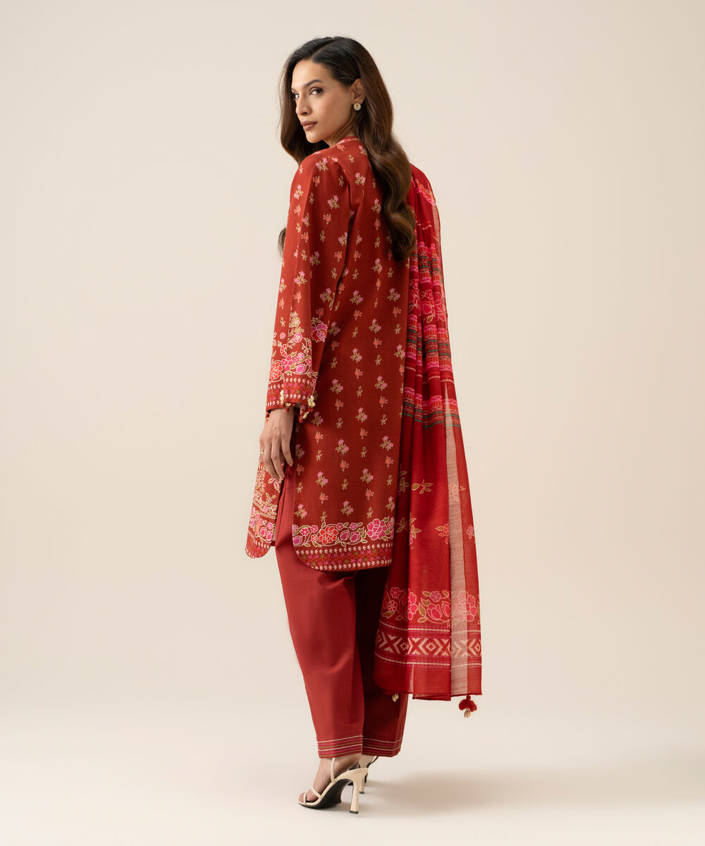 Women's Unstitched Light Khaddar Printed Red 3 Piece Suit