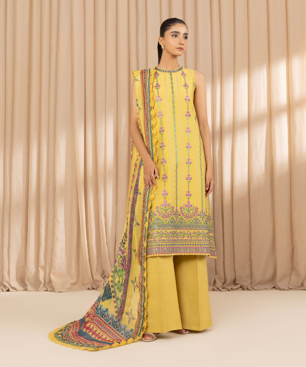 Unstitched Women's Embroidered Cotton Net Yellow Three Piece Suit