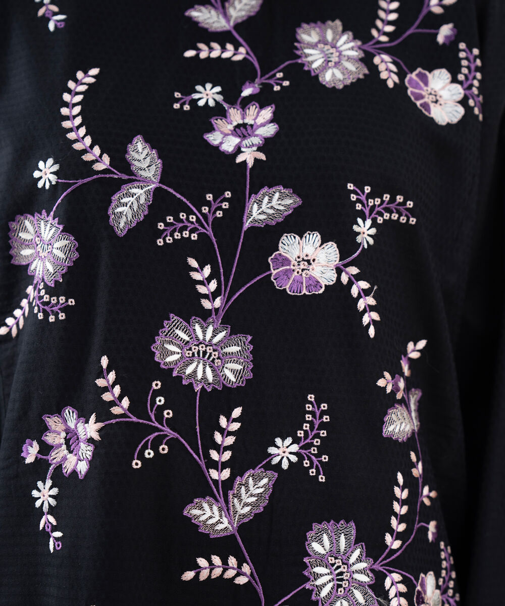 Women's RTW Textured Lawn Black Embroidered A-Line Shirt