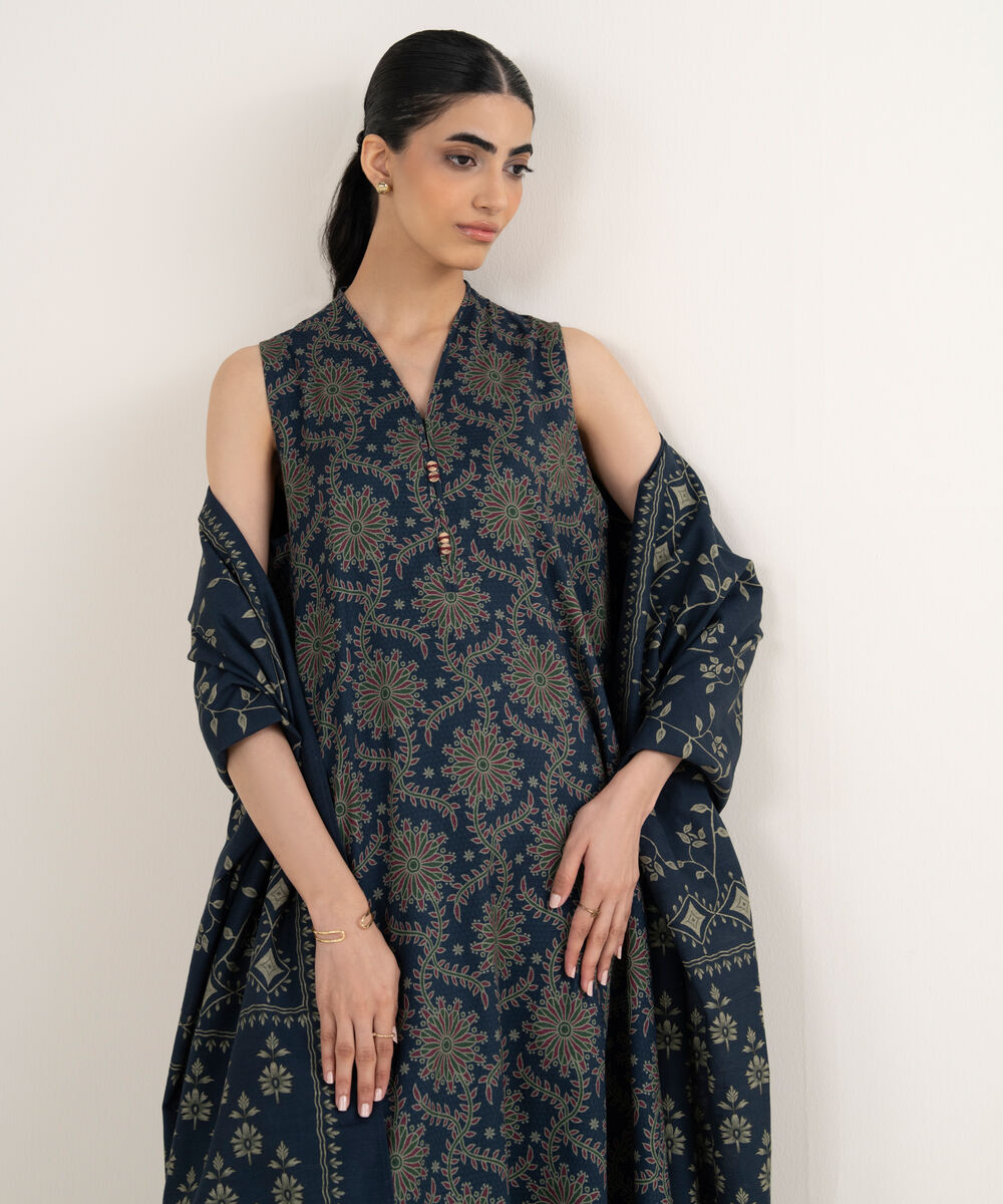 Women's Unstitched Printed Dobby Dark Blue 3 Piece Suit