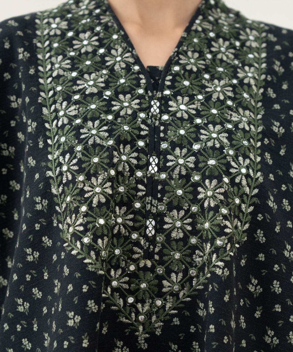 Women's Unstitched Printed Khaddar Black and Off White 3 Piece Suit