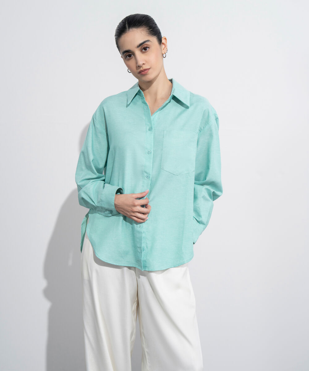 Women's Western Wear Green Loose-Fit Oxford Shirt