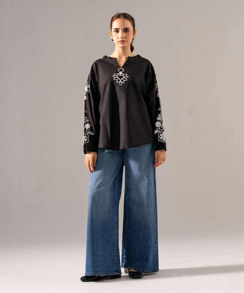 Women's RTW Khaddar Solid Embroidered Black Drop Shoulder Shirt