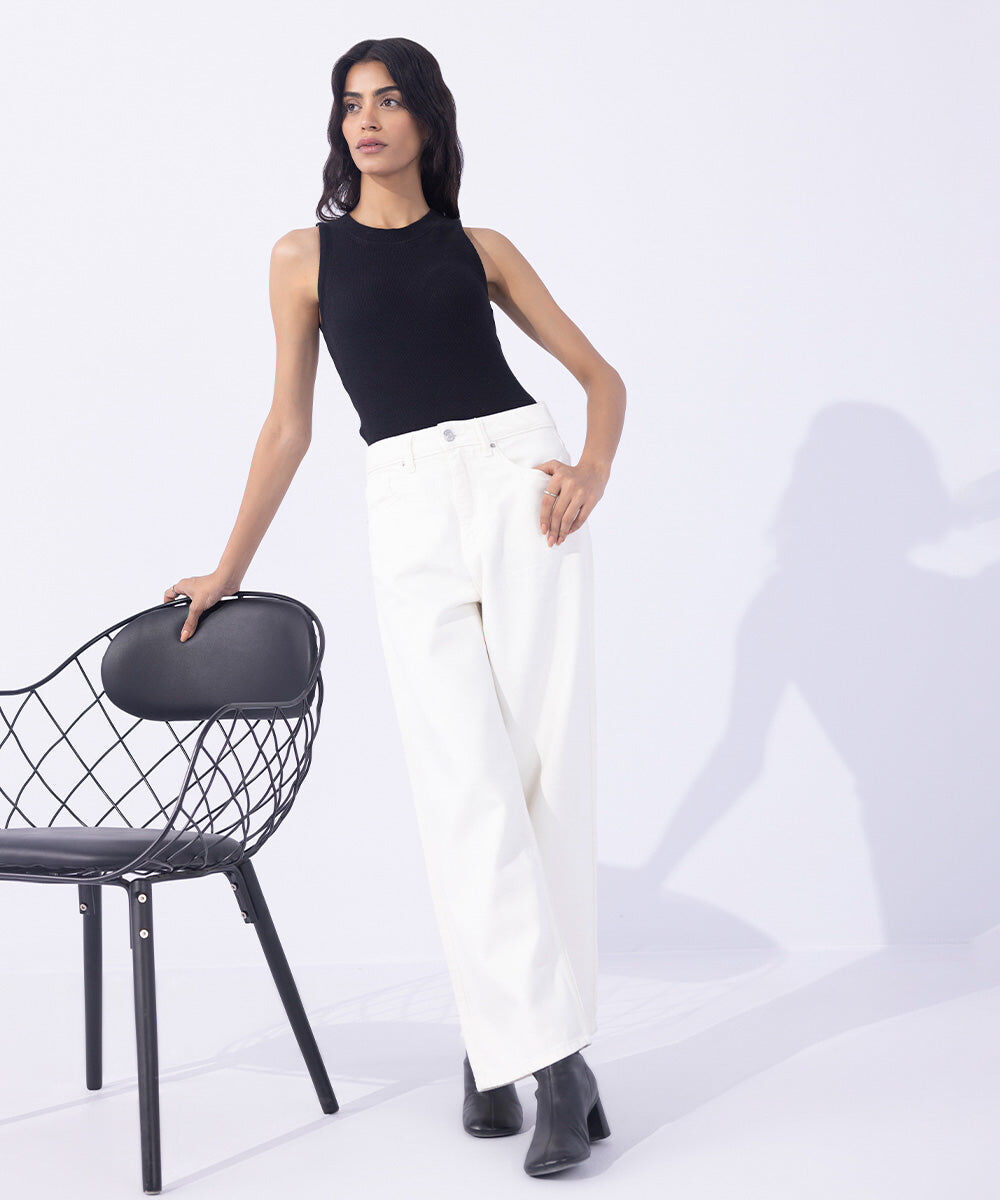 Woman - Off White Cropped Wide Leg Jeans