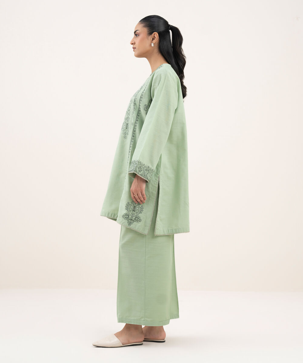 Women's RTW Cotton Embroidered Straight Ice Blue Shirt