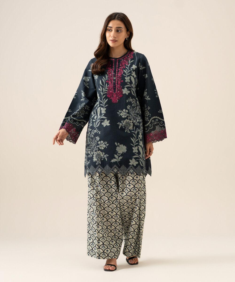 Women's Unstitched Light Khaddar Embroidered Black & White 2 Piece Suit