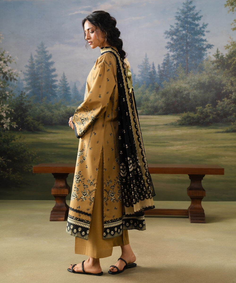 Women's Unstitched Cotton Embroidered Yellow
