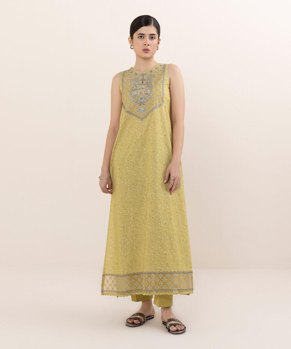 Women's Unstitched Lawn Embroidered Mustard Two Piece Suit