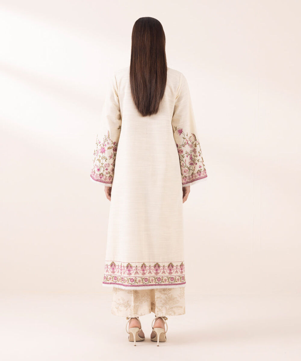 Women's Pret Solid Embroidered Cream White Zari Khaddar A Line Shirt