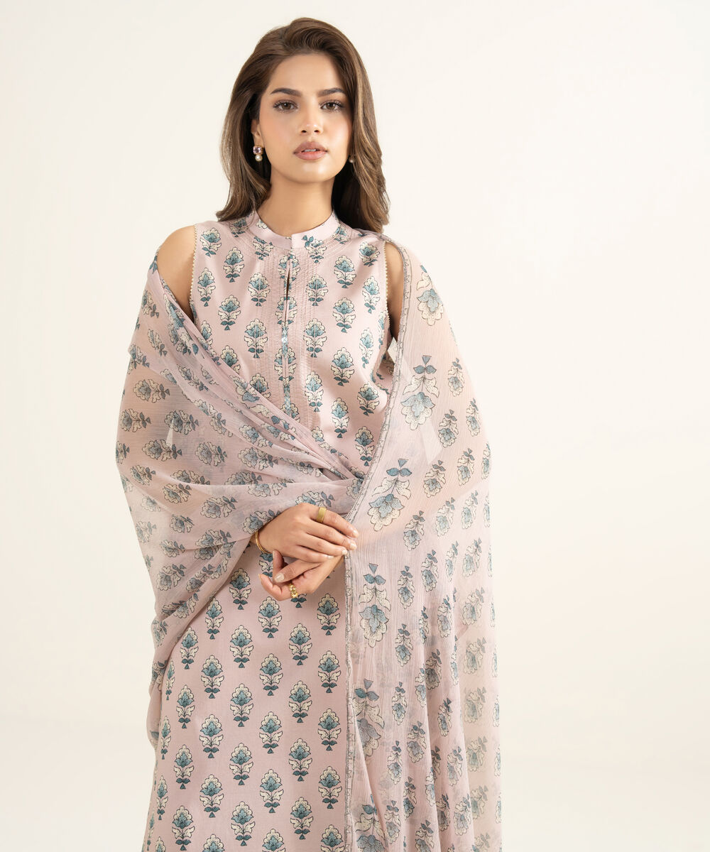 Women's Unstitched Lawn Embroidered Pink 3 Piece Suit