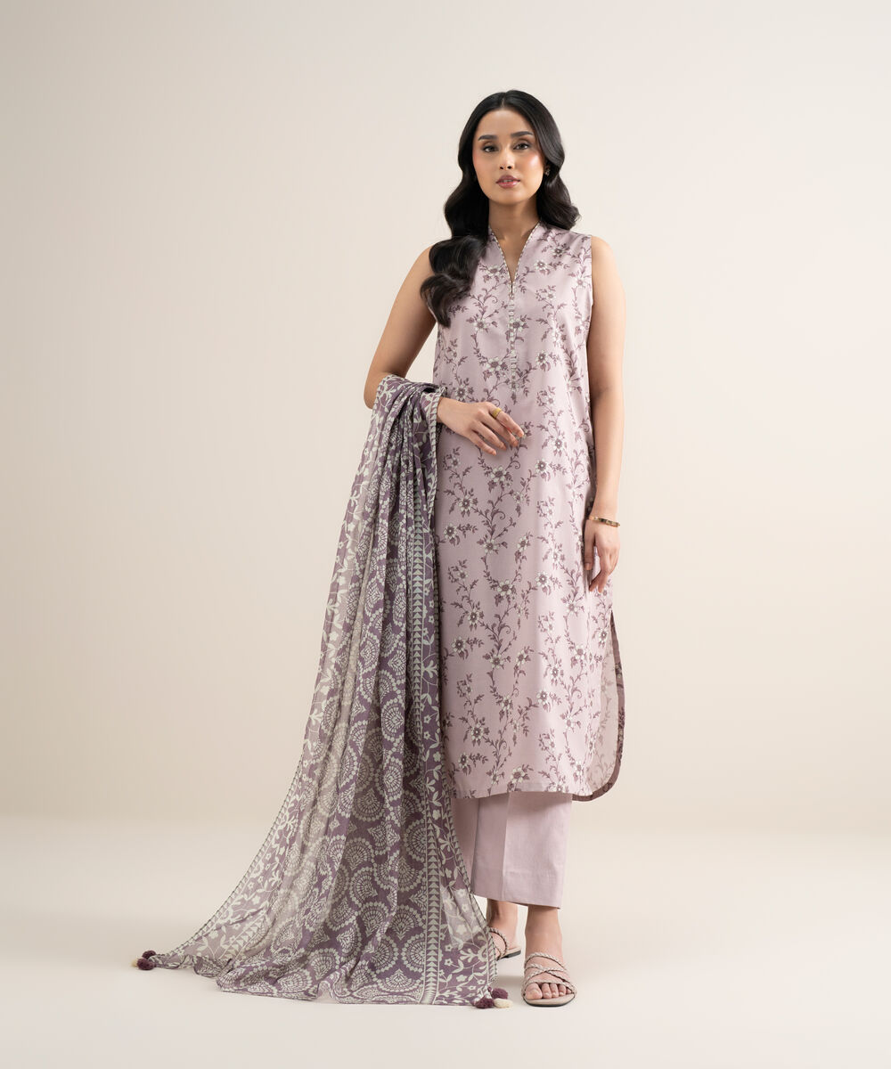 Women's Unstitched Lawn Printed Tea Pink 3 Piece Suit