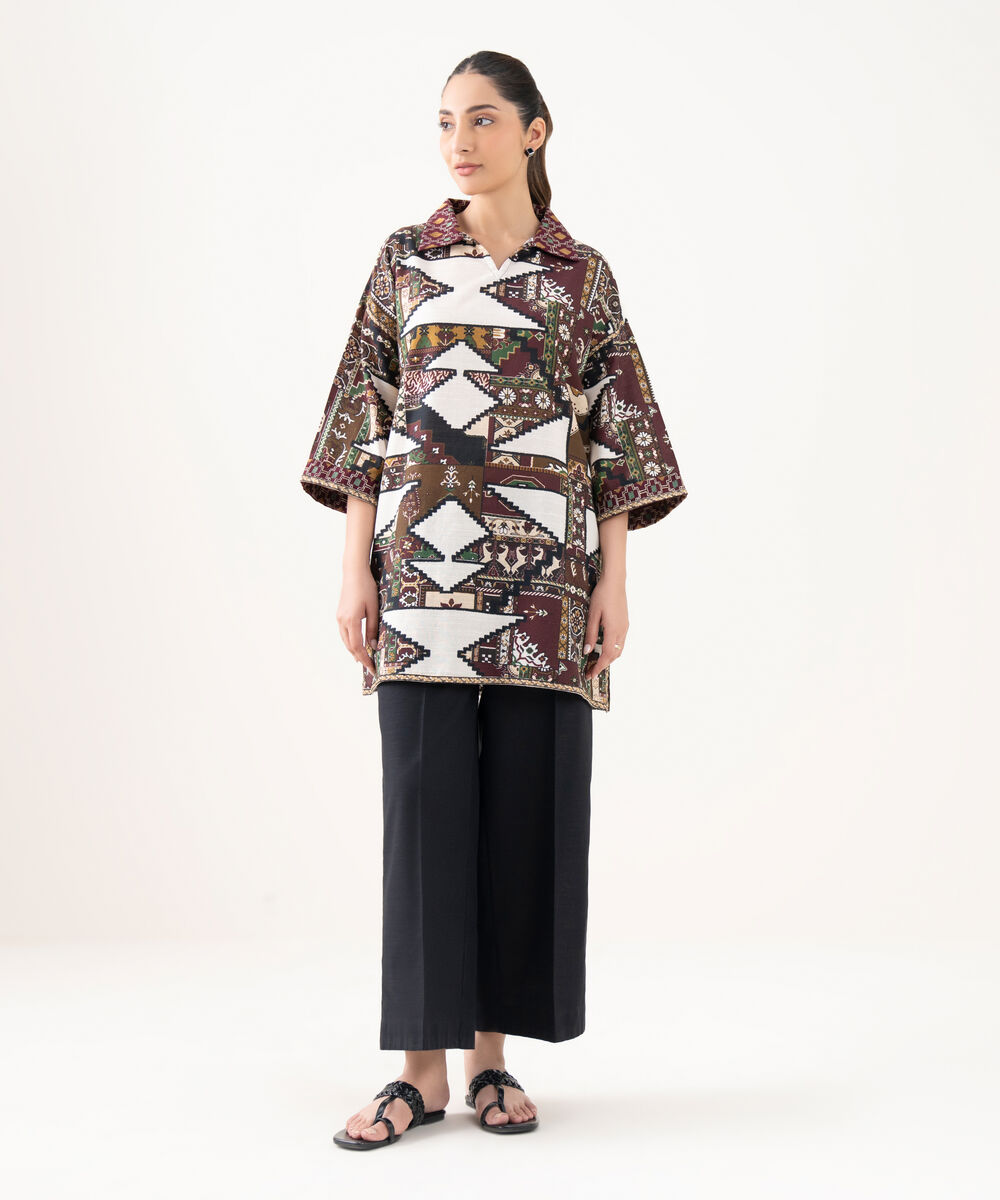 Women's RTW Cotton Embroidered Brown Drop Shoulder Shirt