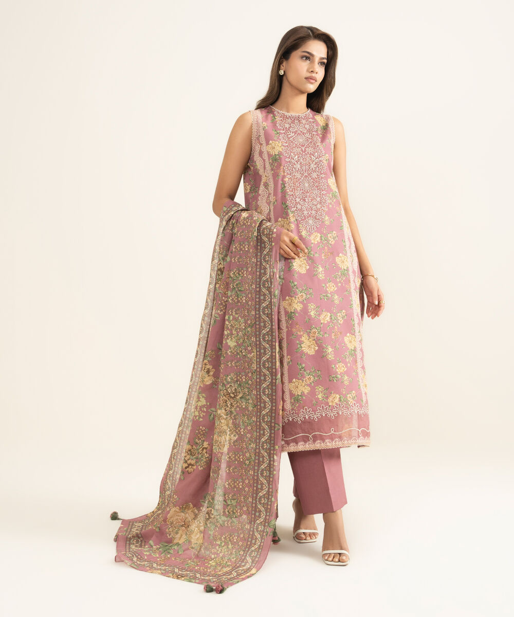 Women's Unstitched Lawn Embroidered Pink 3 Piece Suit