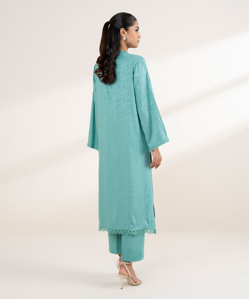 Women's RTW Arabic Self Jacquard Blue Solid A-Line Shirt