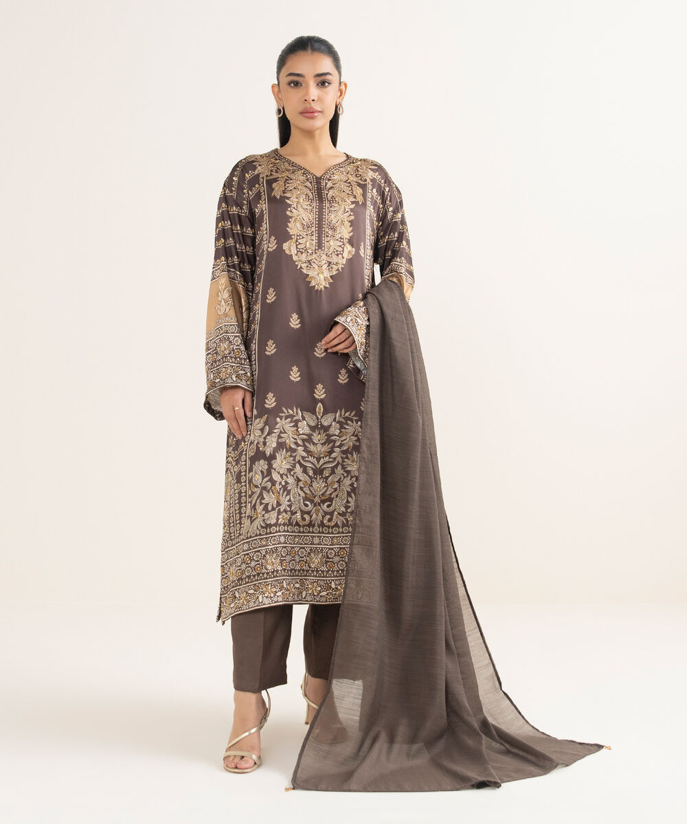 Women's RTW Blended Satin Embroidered Brown 3 Piece Suit